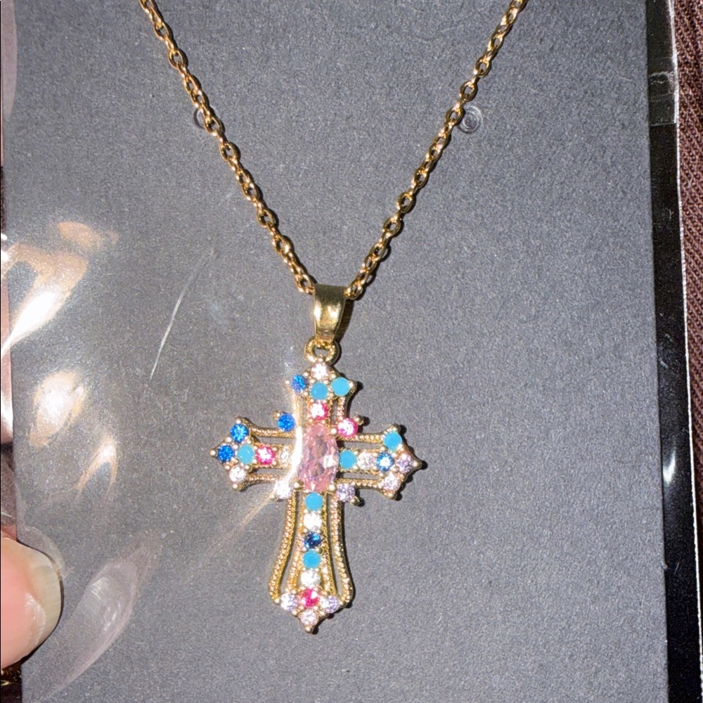 Gold Cross Pendant Necklace with Pink and Blue Accents